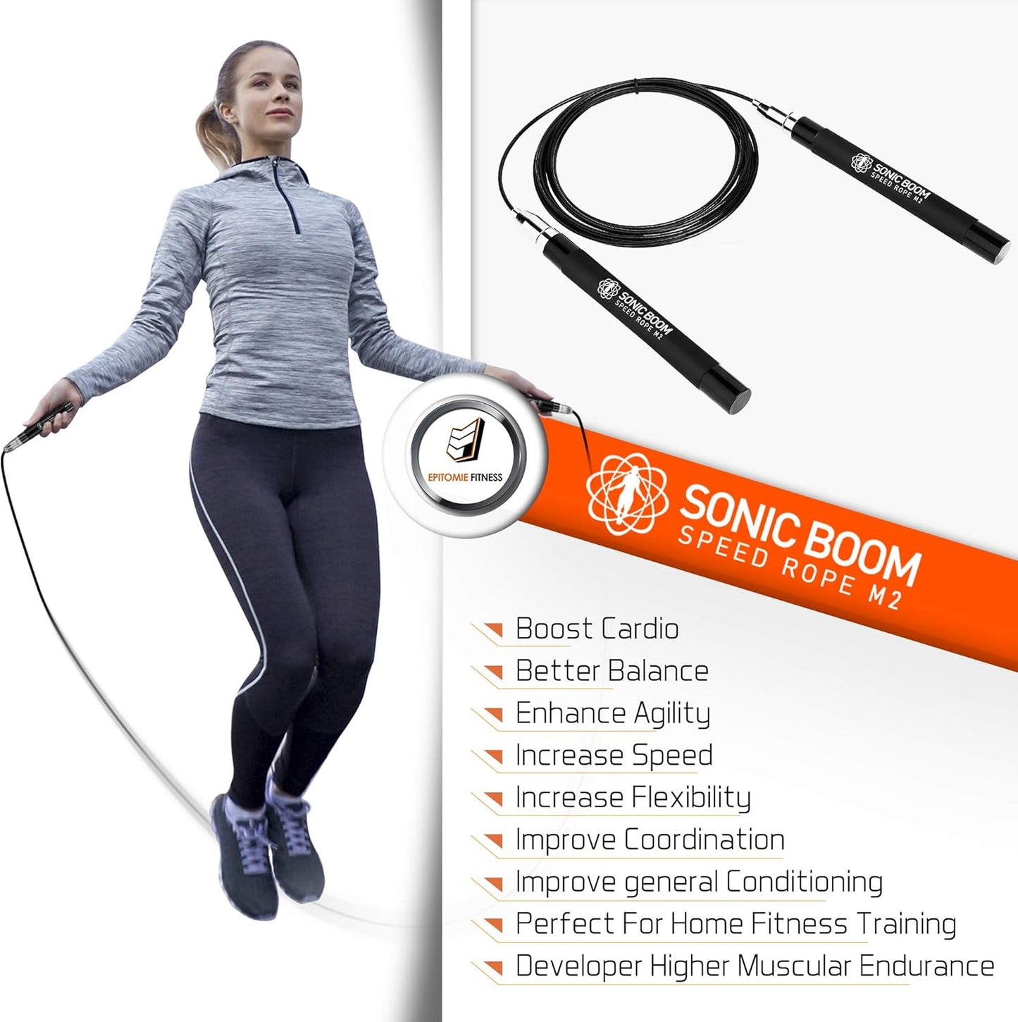 Epitomie Fitness Sonic Boom M2 High Speed Jump Rope - Patent Pending Self-Locking, Screw-Free Design – Weighted, 360 Degree Spin, Silicone Grip with 2 Speed Rope Cables for Home Workout, & More